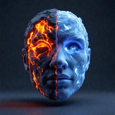 The primary subject of the image is a close-up of a face with a split personality. The face is split into two distinct sections, one with a blue hue and the other with an orange hue. The setting is a dark background, which emphasizes the contrast between the two colors. The visual style is a digital art or illustration, creating a striking and unique representation of the human face. The colors and mood convey a sense of duality or contrast, with the blue and orange sections symbolizing different emotions or aspects